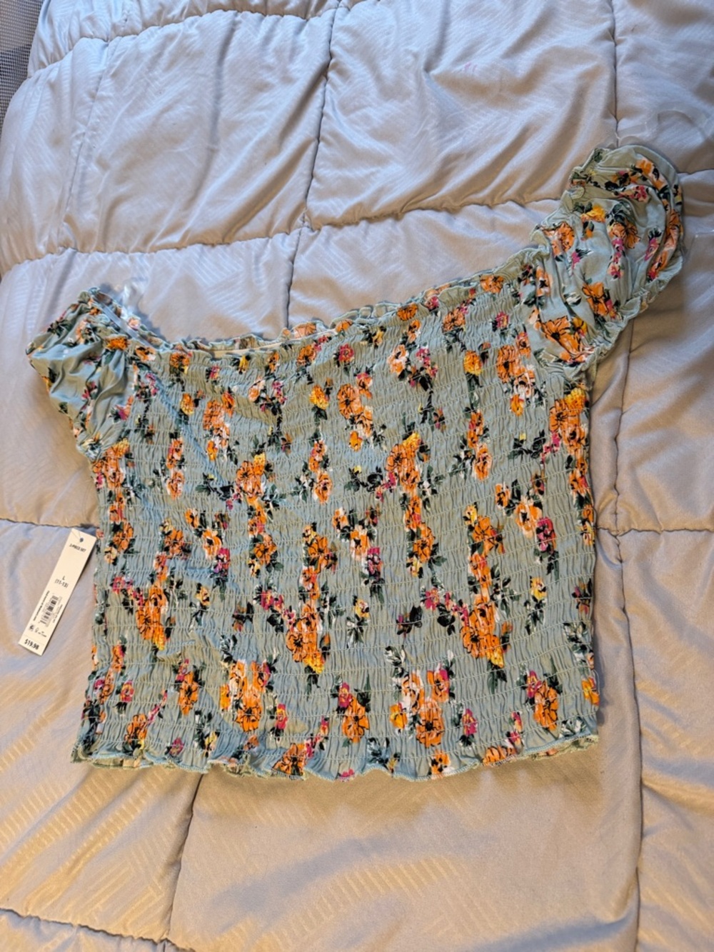 No Boundaries Sage Green Floral Smocked Off-Shoulder Crop Top
